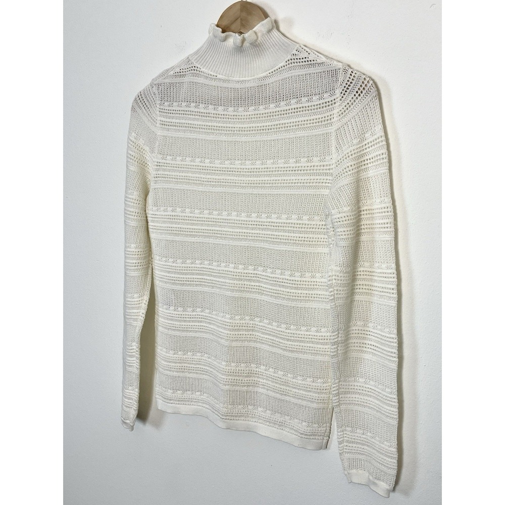 SEZANE Ecru Pointelle Openwork Ruffle Neck Merino Wool Cotton Sweater M - Picture 7 of 11